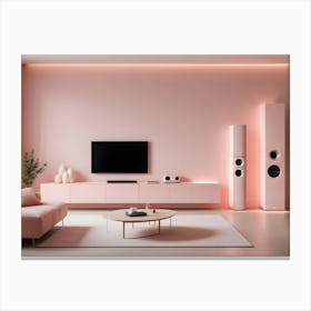 A Living Room Interior With A Pink Wall, A Pink Sofa, And A Tv Canvas Print