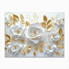 3d White Paper Roses On A White Background, Golden Leaves, An Elegant Floral Pattern Canvas Print