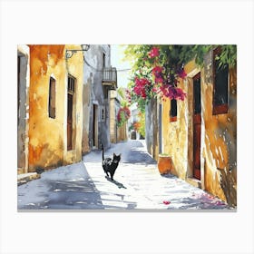 Rhodes, Greece   Cat In Street Art Watercolour Painting 3 Canvas Print