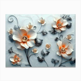 3d Artwork Illustration, White and Blue Background, Golden Jewelry, Flowers, Black Canvas Print