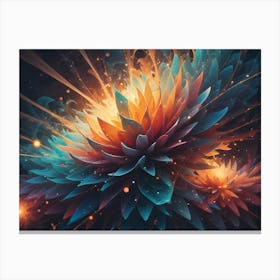 Two Large, Abstract Flowers In Shades Of Orange, Blue, And Purple Bloom With Glowing Light And Sparkles Against A Dark Background Canvas Print