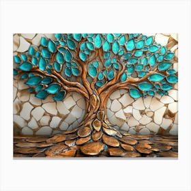 Fantasy Themed 3d On Wooden Oak With White Lattice Tiles, Tree With Kaleidoscopic Leaves Canvas Print