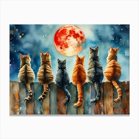 Six Cats Sitting On A Wooden Fence Pt. 2 Canvas Print