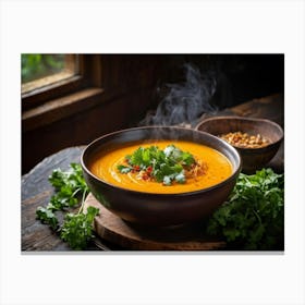 Autumn Pumpkin Curry Soup Steaming In An Earthenware Bowl Vibrant Orange Against Dark Green Lettuc (4) Canvas Print