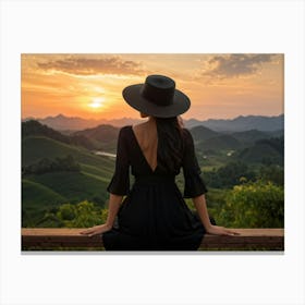 Evening View Of An Asian Woman Perched Solo On A Wooden Terrace Decked In A Summer Hat Her Black At (1) Canvas Print