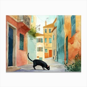 Marseille, France   Cat In Street Art Watercolour Painting 2 Canvas Print