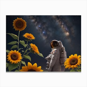 Astronaut In Space With Sunflowers Canvas Print