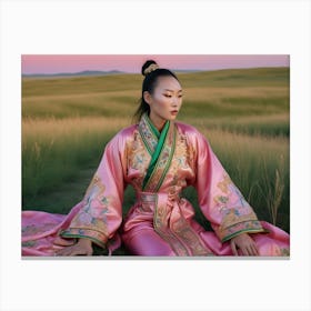 Portrait of a girl of Mongolian appearance in a traditional pink dress Canvas Print