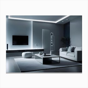 A Living Room Interior With A White Sofa, A Black Coffee Table, And A Tv Canvas Print