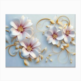 3d Art With White And Pink Flowers, Golden Swirls And Leaves On Light Blue Canvas Print