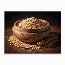 Organic Brown Rice Grains In Wooden Bowl With Spoon Canvas Print