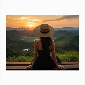 Evening View Of An Asian Woman Perched Solo On A Wooden Terrace Decked In A Summer Hat Her Black At (7) Canvas Print