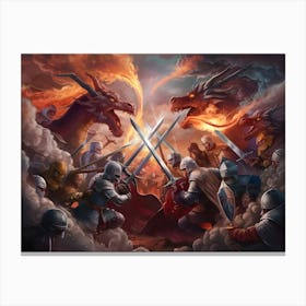 Battle Between Knights And Dragons Canvas Print