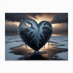 A Large, Heart Shaped Ice Sculpture Stands On A Frozen Lake, Melting And Dripping With Water Canvas Print