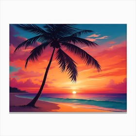 A Tranquil Beach At Sunset Horizontal Illustration 10 Canvas Print