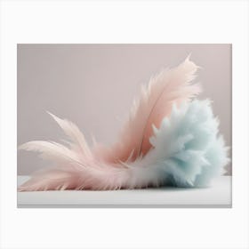 A Still Life Image Of Pastel Colored Feathers, Arranged In A Dramatic, Flowing Composition On A White Surface Canvas Print