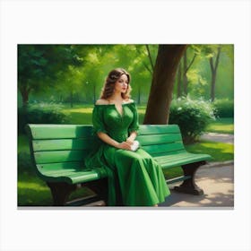 Woman Sitting On A Green Bench Canvas Print