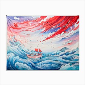 Hand Drawn Boat With Brush Strokes Set Against A Surreal Sea Where Waves Ripple Like A Dream Curtai Canvas Print