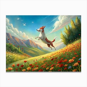 Joyful Dog Leaping Through A Field Of Flowers Canvas Print