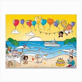 An Illustrated Idea Of A Birthday Party On The Beach Cartoon Valentine Balloons Hand Drawn Vector Canvas Print