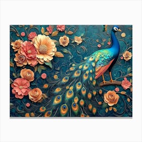 Elegant Leather Base Combines Bright Color Floral with Exotic Oriental Pattern Flowers and Peacocks Canvas Print