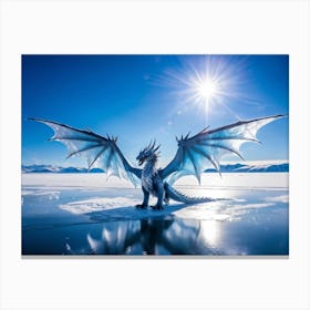 An Ice Dragon Frozen By The Ice Cold Atmosphere Its Mighty Wings Spread Wide As It Majestically So Canvas Print