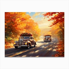 Autumnal Landscape Autumnal Leaves Cascading Down As A Car Adorned With Holiday Wreaths And Ribbon Canvas Print