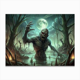 A Green Zombie Monster In A Swamp With A Full Moon In The Background Canvas Print