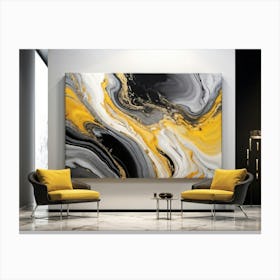 Abstract Art Featuring Liquid Marble Patterns Flowing Together In A Dance Of Grey Black Yellow G Canvas Print