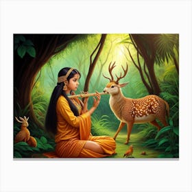 Indian Girl Playing Flute In The Forest Canvas Print