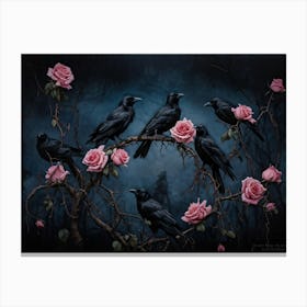 Gothic Moody Watercolor Of Seven Black Crows Perched On Intricate Thorny Branches Delicate Pink Ros Canvas Print