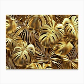 Golden Seamless Pattern with Shiny Monstera Palm Leaves Canvas Print