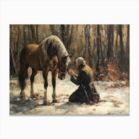 An oil painting of old man in front of his horse, with the winter forest behind him Canvas Print