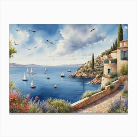 Mediterranean Coastal Village Seaside Scene Canvas Print