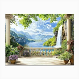 Stunning View From The Terrace On A Beautiful Mountain Landscape With A Waterfall 1 Canvas Print