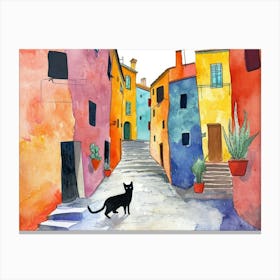 Black Cat In Sassari, Italy, Street Art Watercolour Painting 1 Canvas Print
