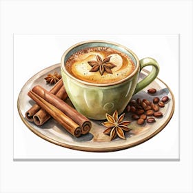 Watercolor Illustration Of A Cup Of Coffee With Spices 1 Canvas Print