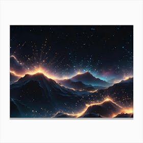 A Digital Illustration Of A Dark, Mountainous Landscape With Sparkling, Golden Light Emanating From The Peaks, Set Against A Starry Night Sky Canvas Print