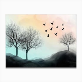 A 3d Landscape Featuring Black Trees and Birds Canvas Print