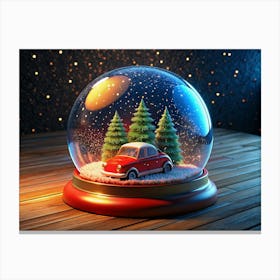 Snow Globe With A Red Car And Christmas Trees Canvas Print