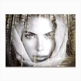 Portrait of a woman superimposed against a photograph of a forrest. Canvas Print