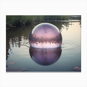 A Purple Glass Sphere Floats In A Still Pond With A Soft, Pink Hued Sunset In The Background, Creating A Mystical And Serene Atmosphere Canvas Print