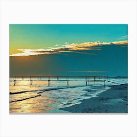 Sunset Pier in Riviera. The image depicts a wooden pier extending into a calm sea at sunset. The sky is a vibrant blend of blue and orange, with fluffy clouds casting long shadows on the water. The pier is made of dark wood and has a railing along its sides. The water is a tranquil turquoise, reflecting the warm hues of the setting sun. Canvas Print