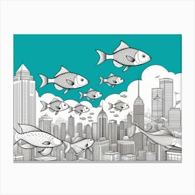 Fish City High Rise Swimming Clouds Surreal Absurd Art Black And White Line Art Aqua Canvas Print