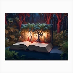 A Book, Open, With A Forest Scene Appearing Within Its Pages Canvas Print