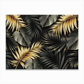 Gold Palm Leaves On Black Background Canvas Print