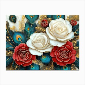 3d Turquois Golden Colorful Roses Flowers with Peacock Feathers Canvas Print