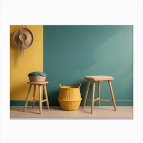 A Still Life Of Wooden Stools And Wicker Baskets Against A Yellow And Green Wall Canvas Print