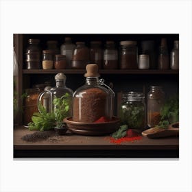 Open Kitchen Shelves Filled With Herbs And Spices Canvas Print