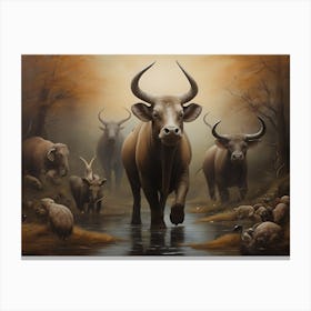 Bulls In The Water Canvas Print